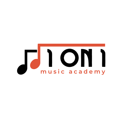 Transparent PNG image of 1 on 1 music academy with black and orange text.